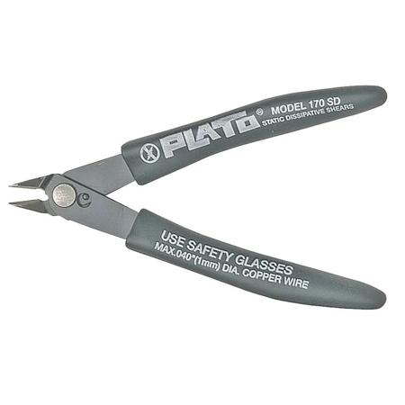 The image shown is representative of the product family and may not specifically be the individual item.  Plato shears with static dissipative handle have a thin profile designed for those hard-to-reach areas in electronic assembly. Plato shears use th…