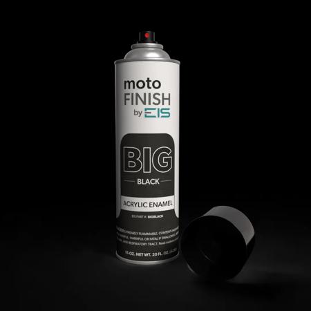 Black motoFINISH Acrylic Enamel spray can by EIS, labeled 'BIG BLACK', standing on a matching black background with the cap removed.