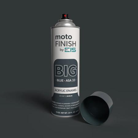 Blue motoFINISH Acrylic Enamel spray can by EIS, labeled 'BIG BLUE - ASA 33', standing on a matching blue background with the cap removed.