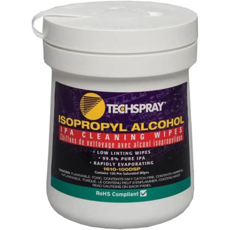 The image shown is representative of the product family and may not specifically be the individual item.  Techspray 99.8+% pure, anhydrous isopropanol for all-purpose cleaning. Can be used as a thinner for most fluxes. The non-ozone depleting wipe is g…
