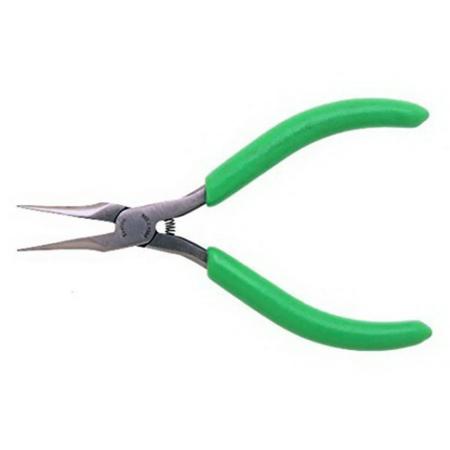 The image shown is representative of the product family and may not specifically be the individual item.  Long, thin nose with fine serrated jaws. Fine point needle nose pliers. Features green cushion grips. Positive gripping of fine wires or subminiat…