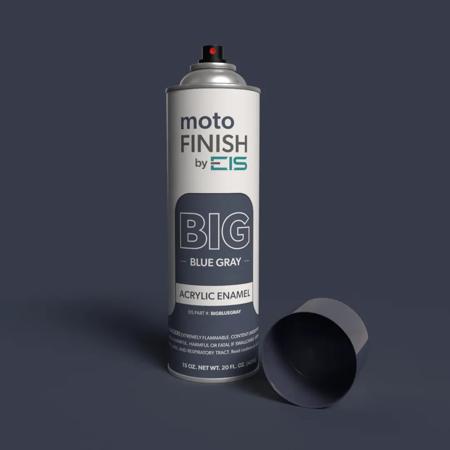 Blue Gray motoFINISH Acrylic Enamel spray can by EIS, labeled 'BIG BLUE GRAY', standing on a matching blue gray background with the cap removed.