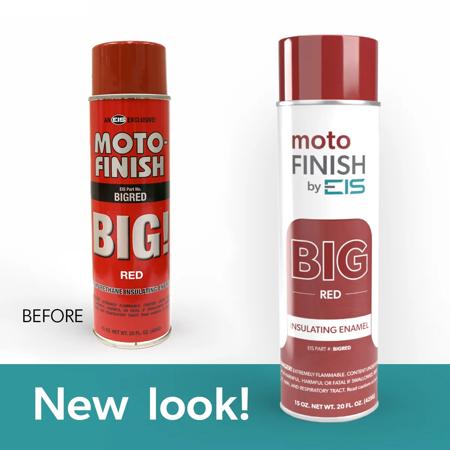 Before and after comparison of motoFINISH by EIS 'BIG RED' insulating enamel spray can, showing the old design on the left and the new updated look on the right, with text 'New look!' highlighting the change.