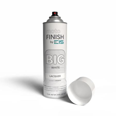 White motoFINISH Lacquer spray can by EIS, labeled 'BIG WHITE LACQUER'', standing on a matching white background with the cap removed.