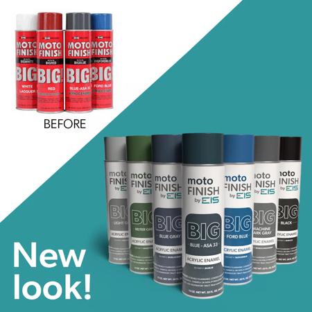 Before and after comparison of motoFINISH by EIS spray cans, showcasing the old red design, alongside the new look featuring various acrylic enamel colors, with 'New look!' highlighting the redesign.