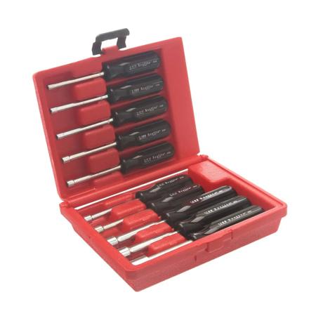 The image shown is representative of the product family and may not specifically be the individual item.  Contains assortment of nutdrivers listed in chart. Sturdy yellow plastic case for inch sizes and red case for metric sizes, keeps nutdrivers order…