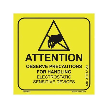 The image shown is representative of the product family and may not specifically be the individual item.  This SCS 129Label is a 2 Inch by 2 Inch self-adhesive label easy to use and provides the Mil-STD-129 ESD sensitivity symbol and attention message …