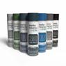 Group of motoFINISH by EIS acrylic enamel spray cans in various colors, including Light Gray, Reiter Green, Blue Gray, ASA 33 Blue, Ford Blue, Machine Dark Gray, and Black, arranged in a row.