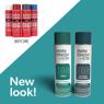 Before and after comparison of motoFINISH by EIS spray cans, featuring the old red design, and the new design of BIG Green and Reliance Blue Green epoxy enamel cans, with text 'New look!' emphasizing the redesign.